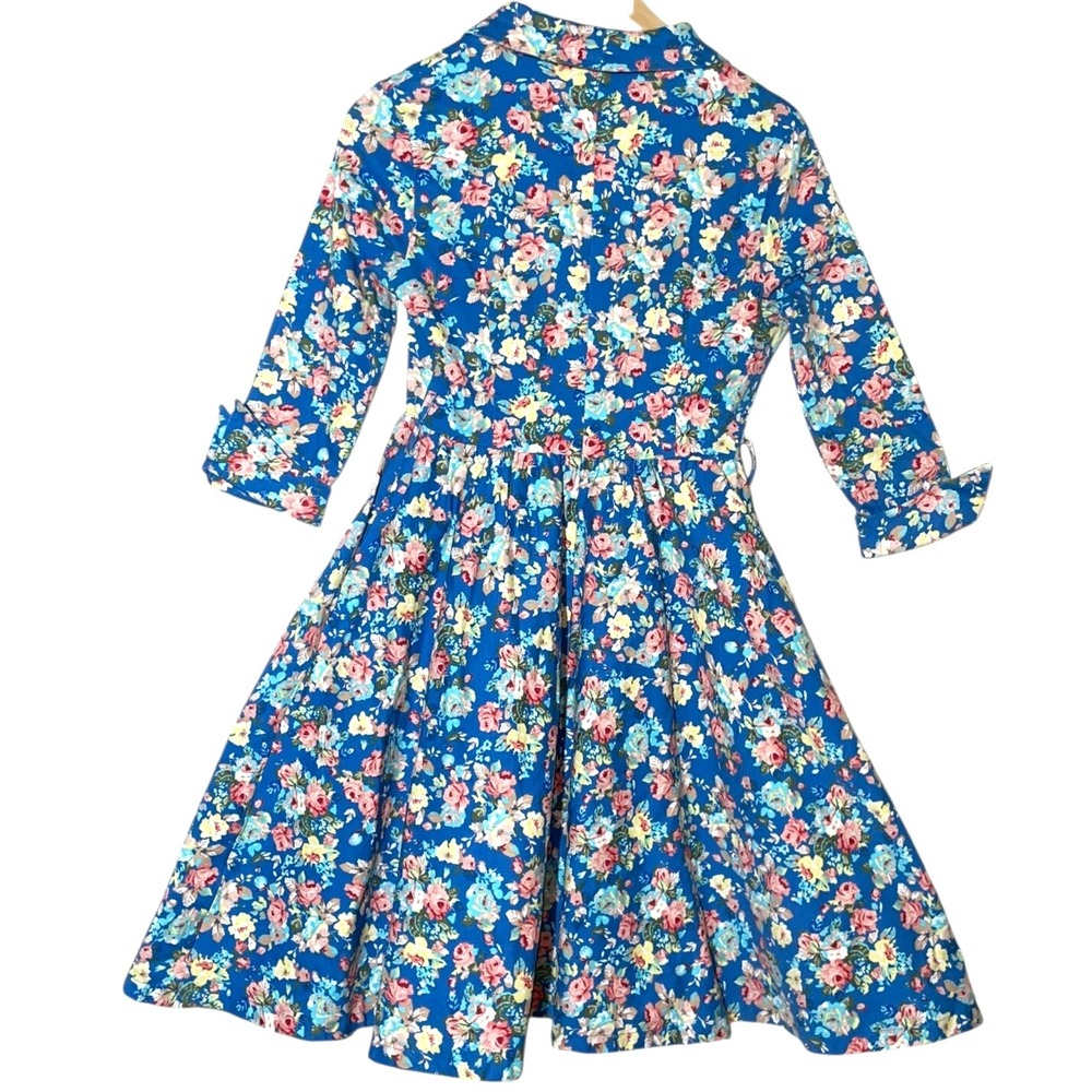Lindy Bop Women Midi Dress Sz S Blue Vivi Floral‎ Cottagcore Retro Stretch 50s - Picture 9 of 16